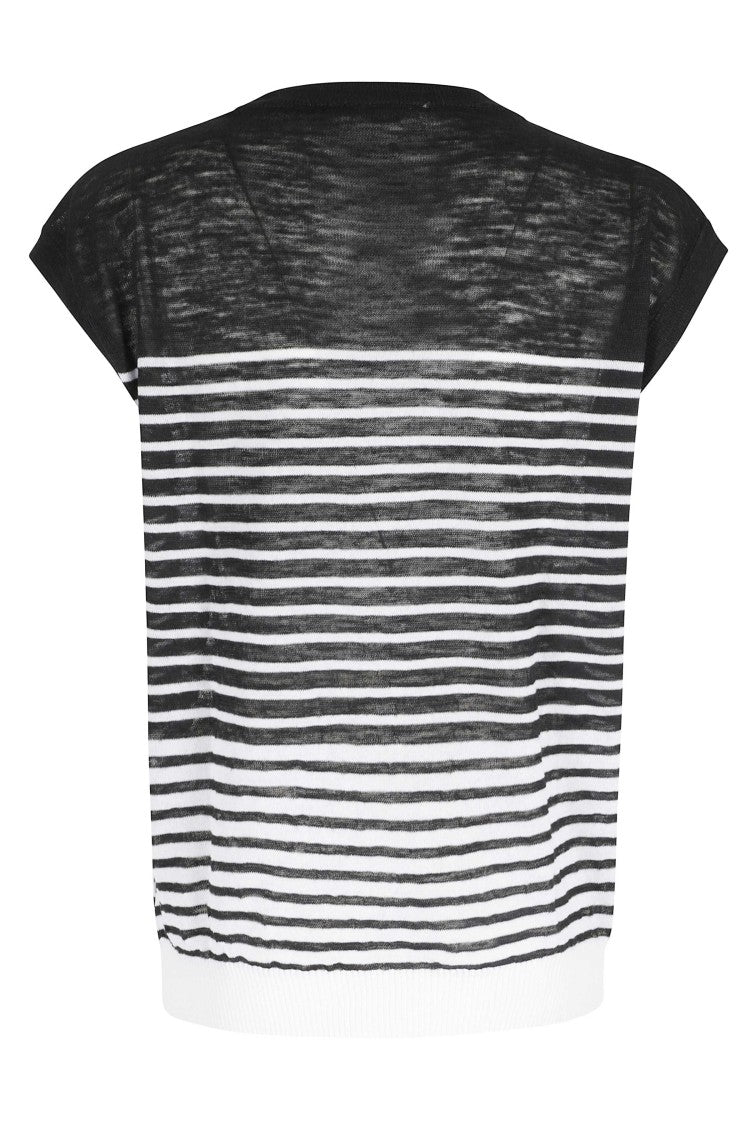 Roberto Collina Black Ribbed Trim Striped Cotton-Blend Top