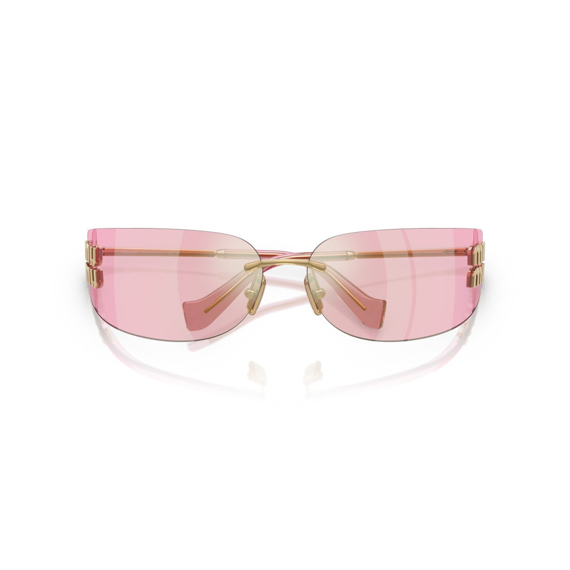 Miu Miu Rimless Rectangular Sunglasses With Gold-Toned Temples And Pink Lenses