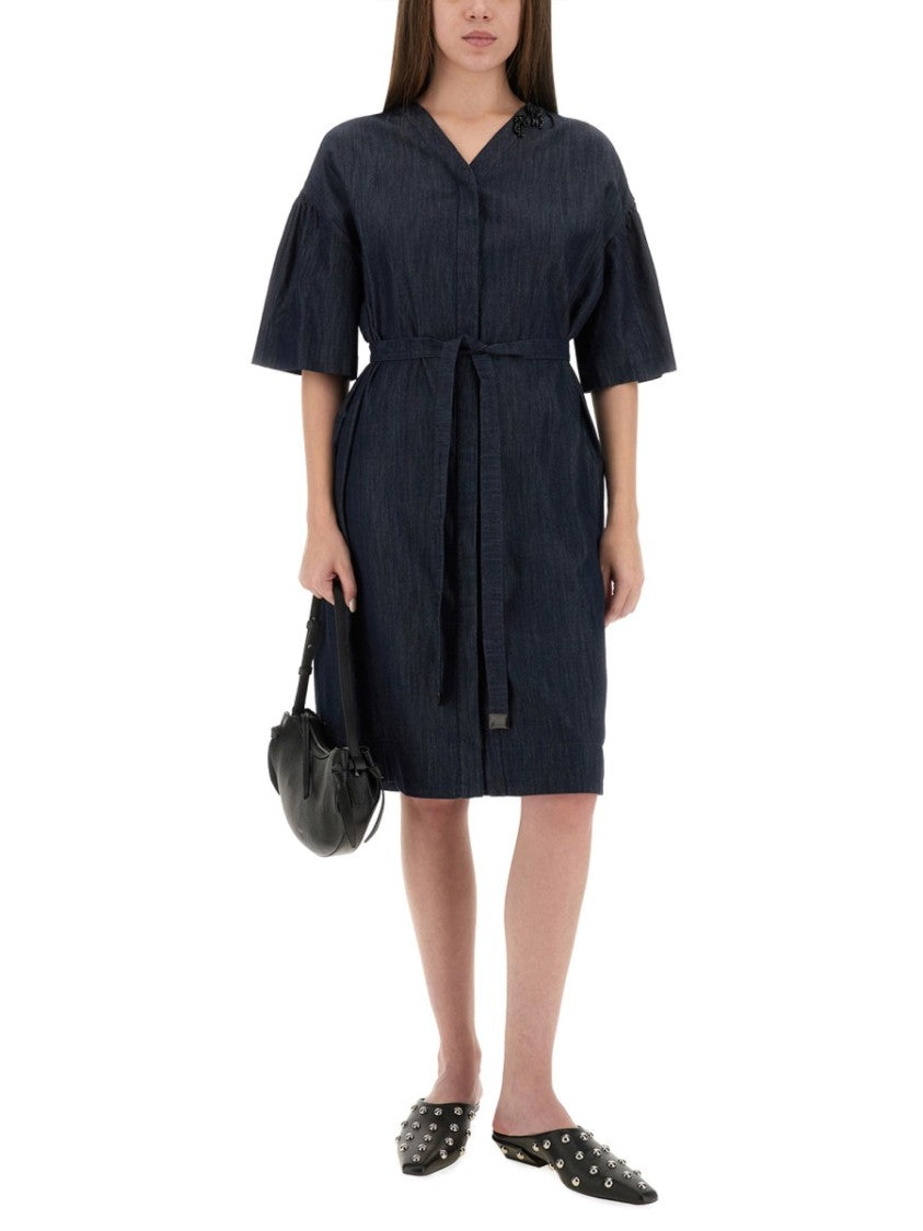 Max Mara Knee-Length Cotton Dress With V-Neckline And Belted Waist