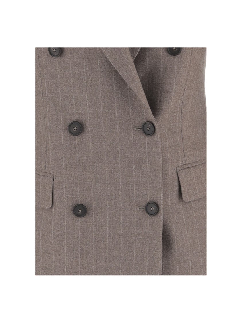 Tagliatore Beige Stretch Wool Pinstripe Double-Breasted Blazer