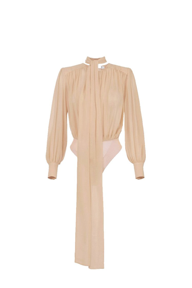 Elisabetta Franchi Beige Tie-Neck Bishop Sleeve Silk Bodysuit