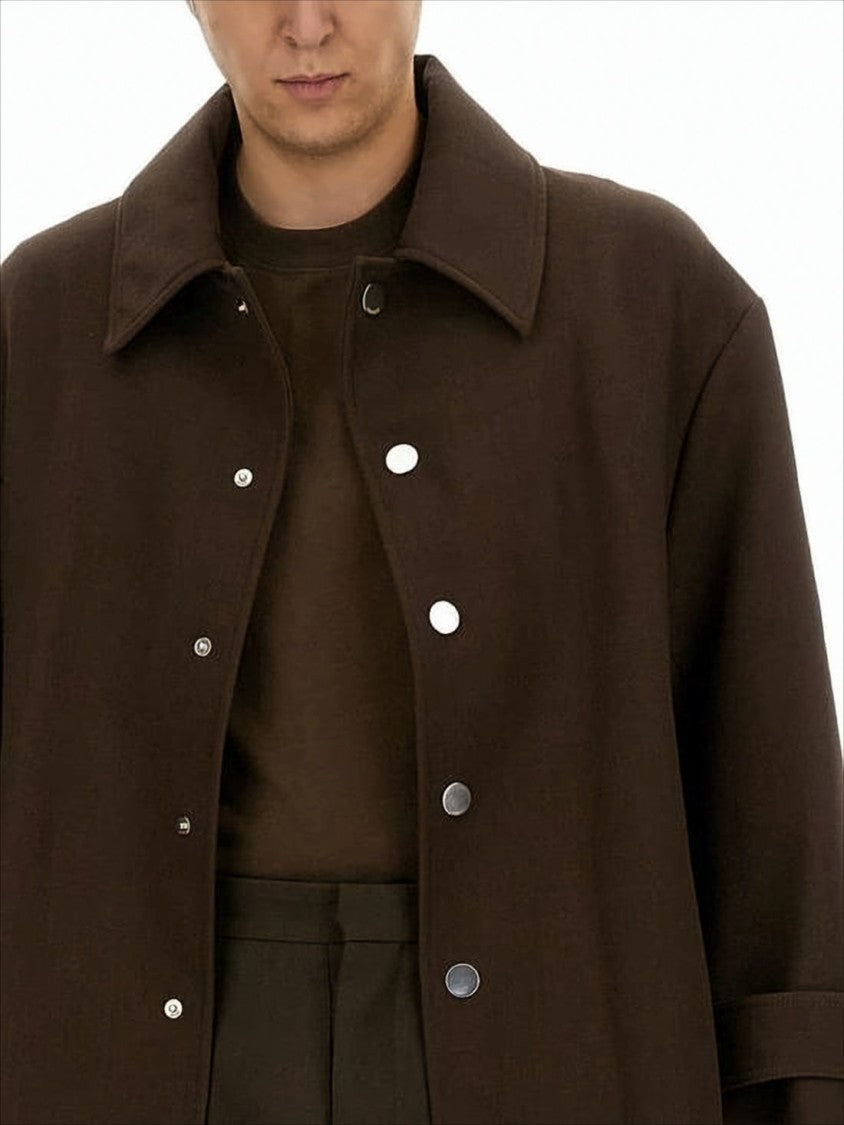 Ami Structured Long Coat With Classic Collar And Belted Waist