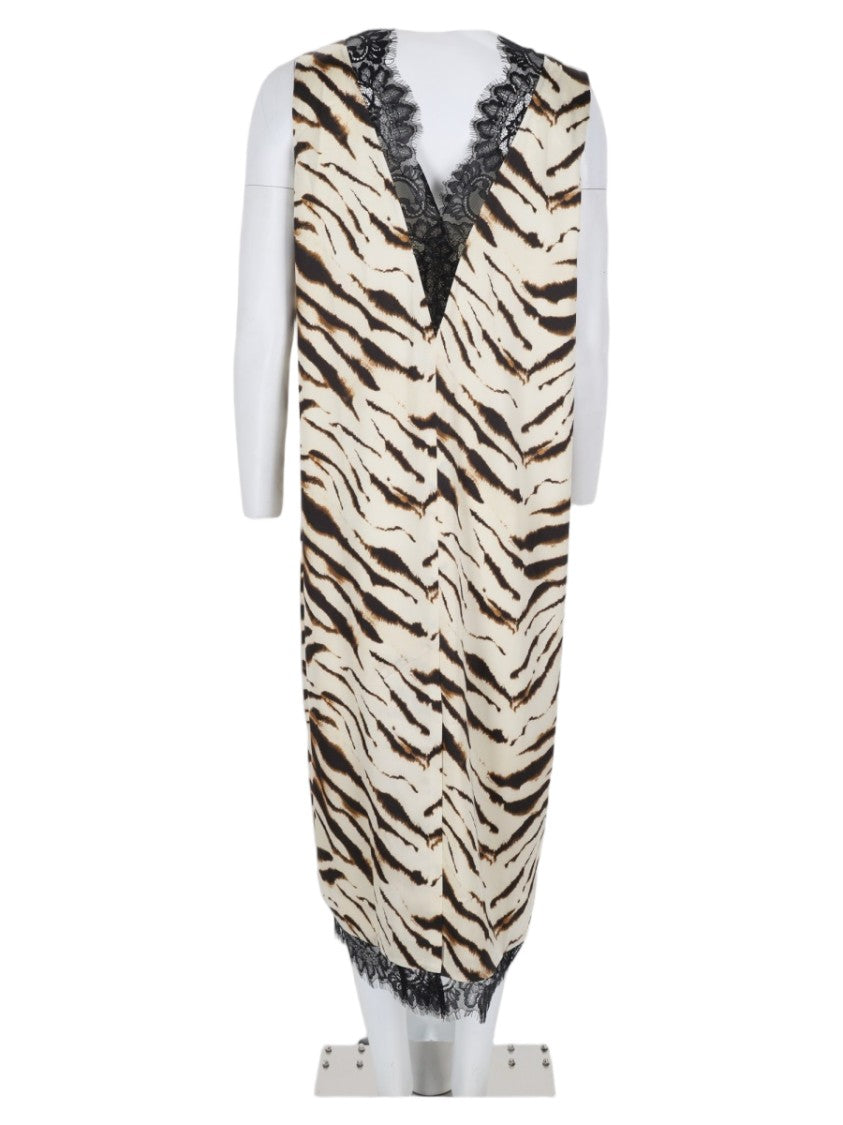 Ganni Midi Dress With Tiger Stripe Pattern And Lace Trim
