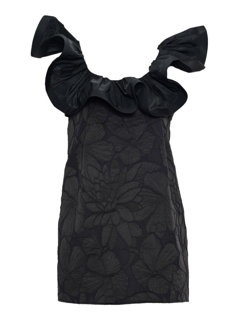 Elisabetta Franchi Textured Floral Dress With Ruffled Neckline