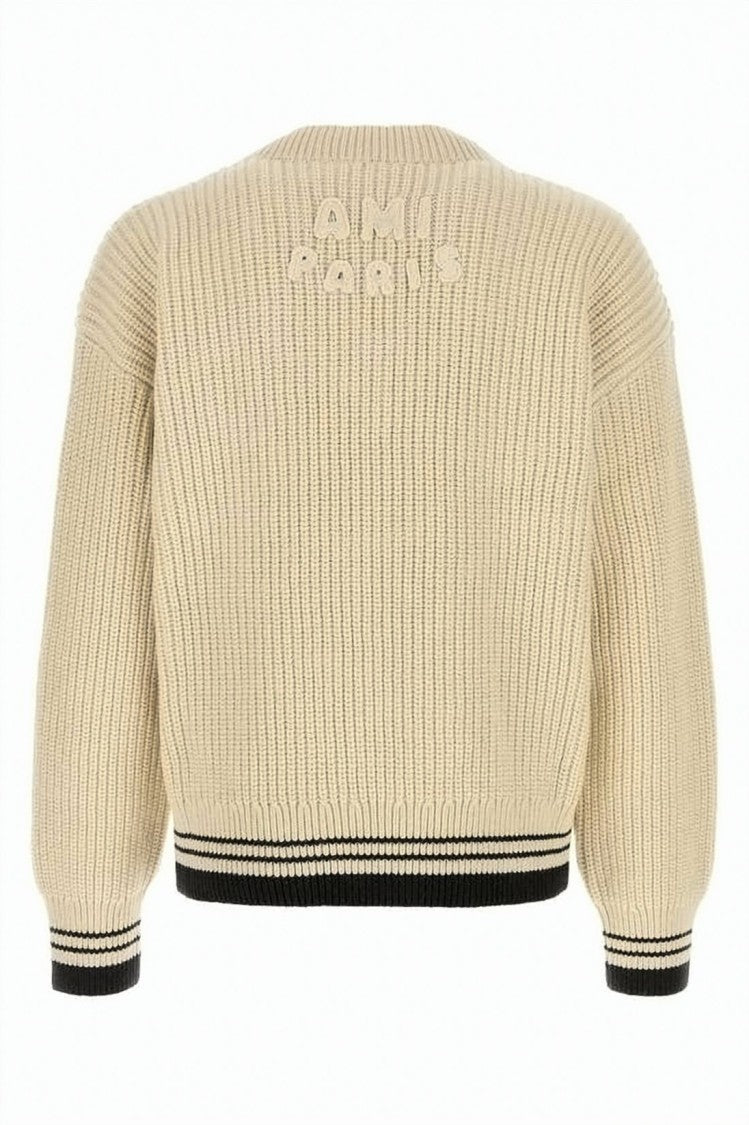 Ami Paris V-Neck Ribbed Knit Sweater With Contrast Cuffs