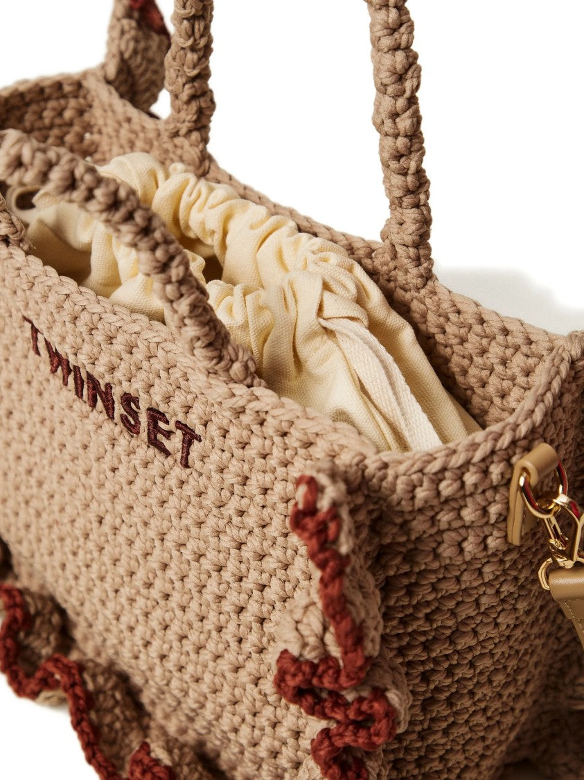 Twin-Set Rectangular Woven Bag With Ruffled Edges And Leather Strap