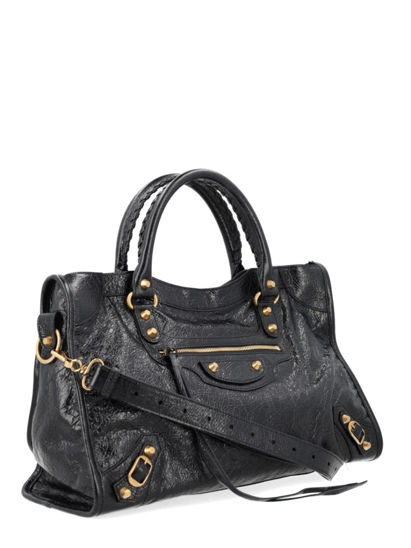 Balenciaga Textured Leather Handbag With Detachable Shoulder Strap And Gold Accents