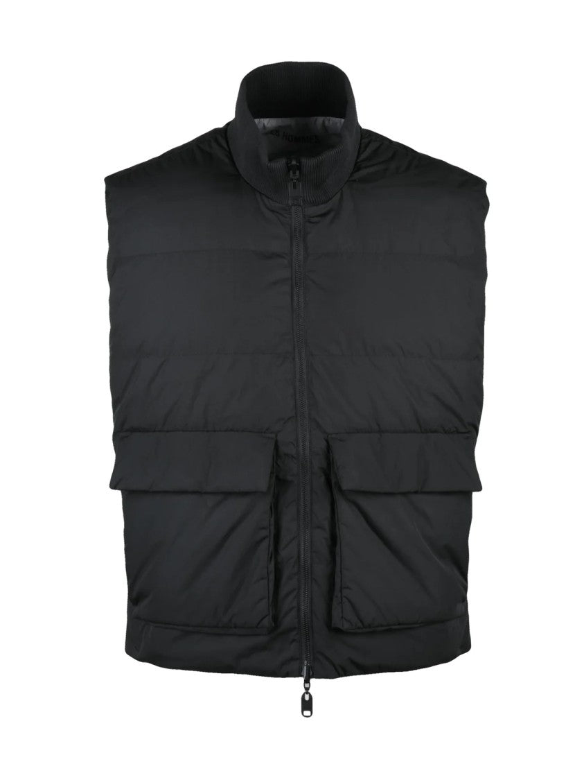 Les Hommes Padded Black Sleeveless Jacket With High Collar And Zip Closure