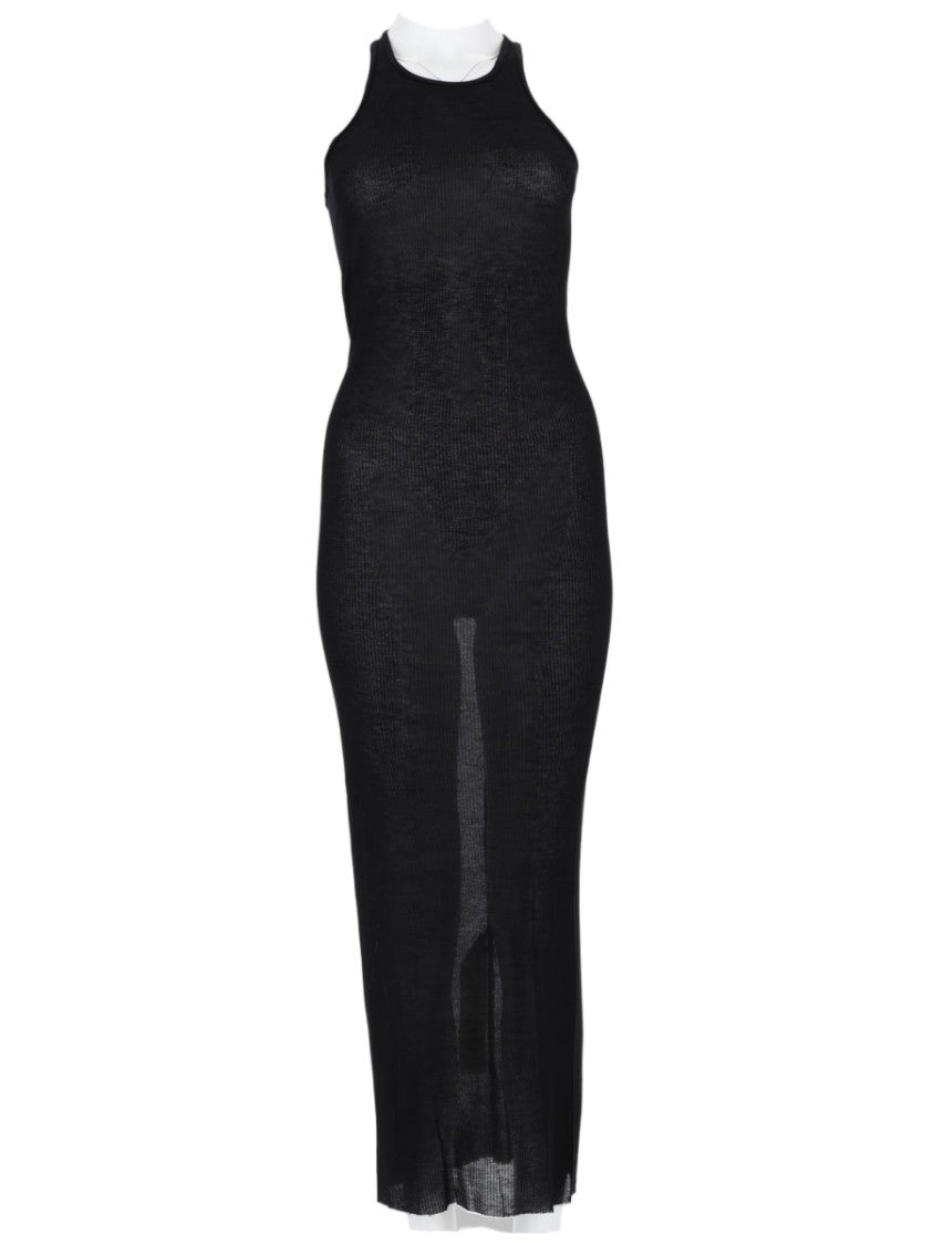Rick Owens Sleeveless Form-Fitting Midi Dress With White Collar Detail