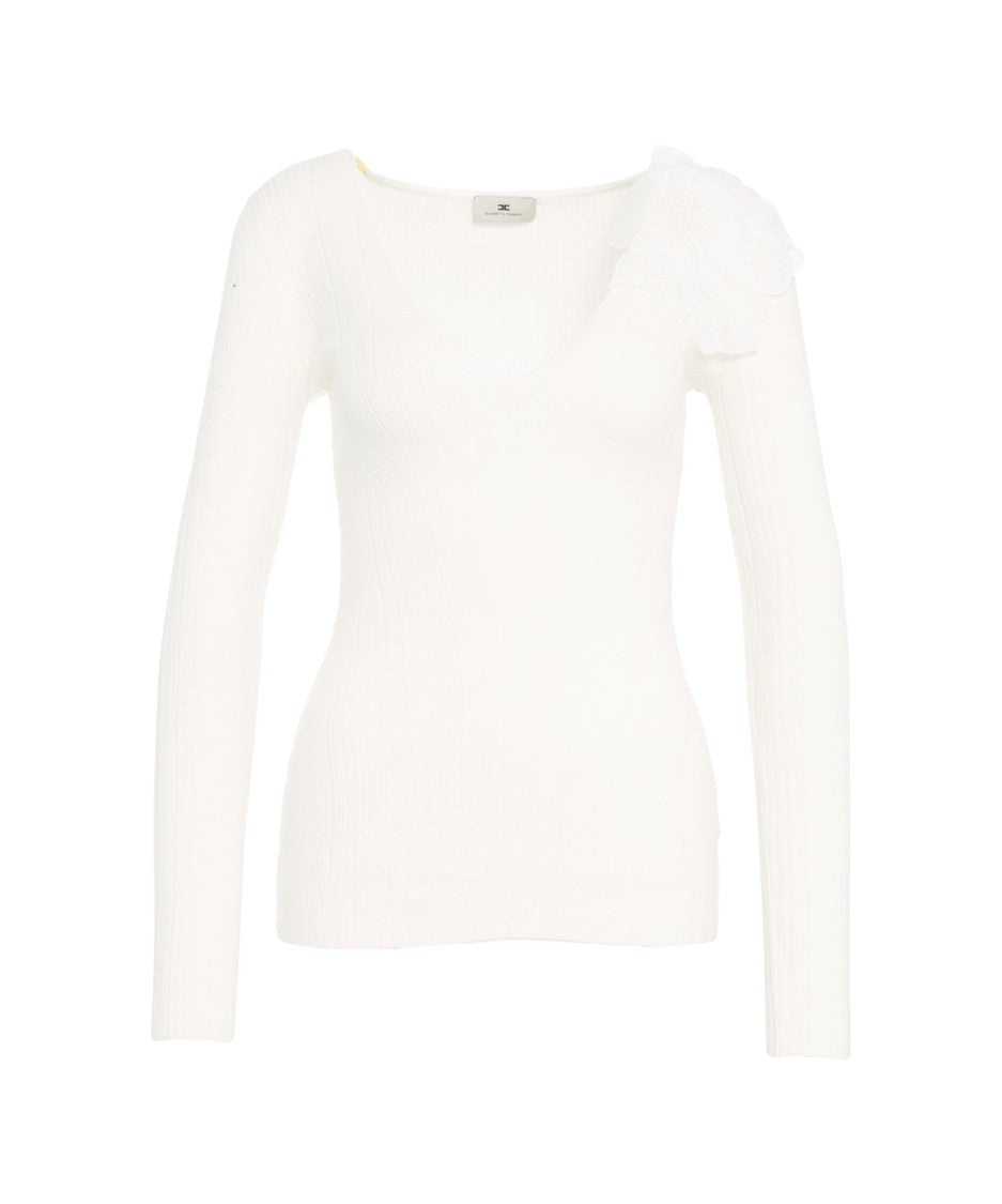 Elisabetta Franchi Slim-Fit Knit Top With Floral Shoulder Detail