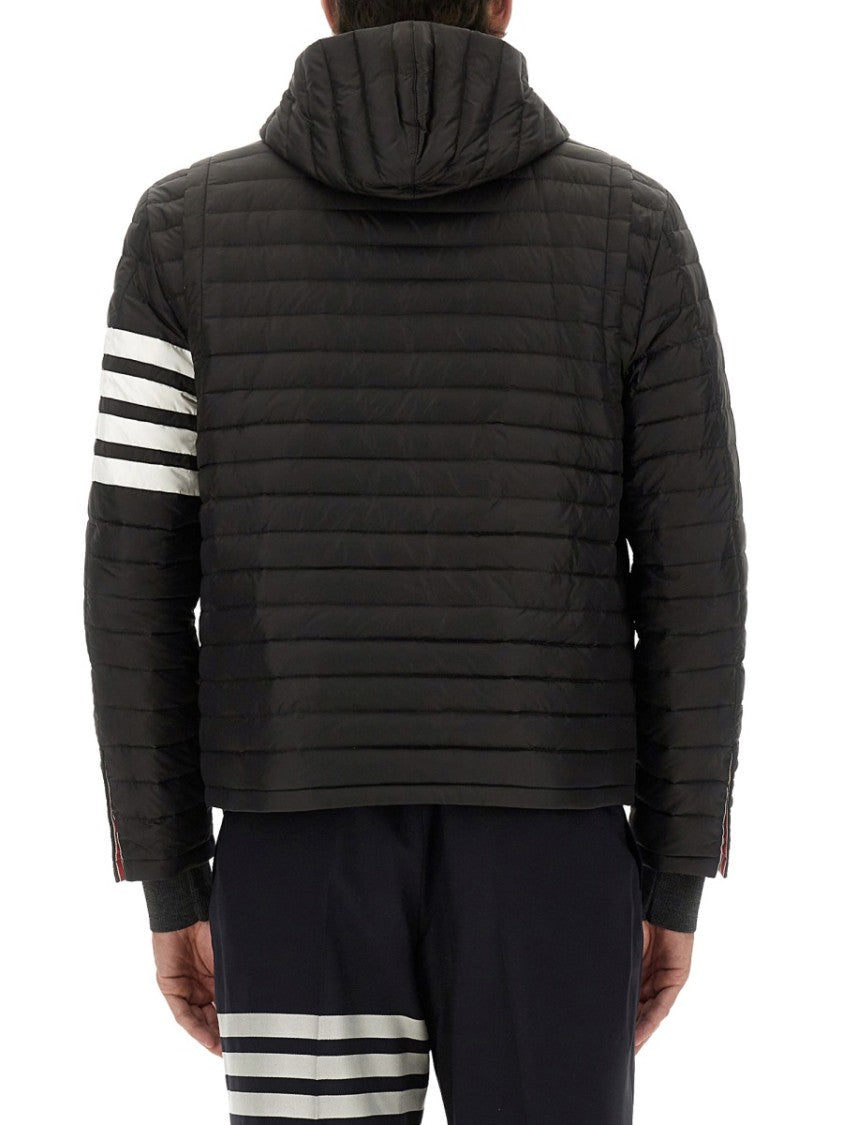 Thom Browne Cropped Down Jacket With Hood And Contrasting Stripes