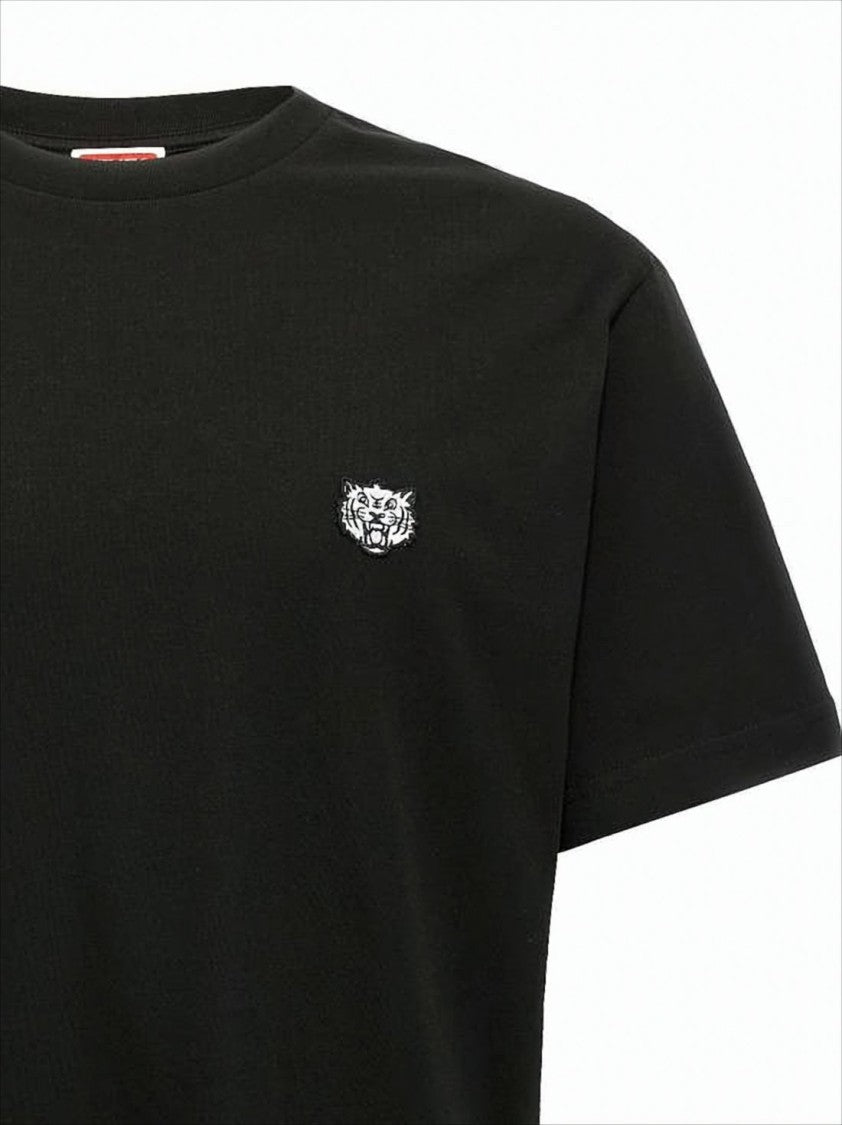 Kenzo Short-Sleeved Black Cotton T-Shirt With Embroidered Tiger Emblem
