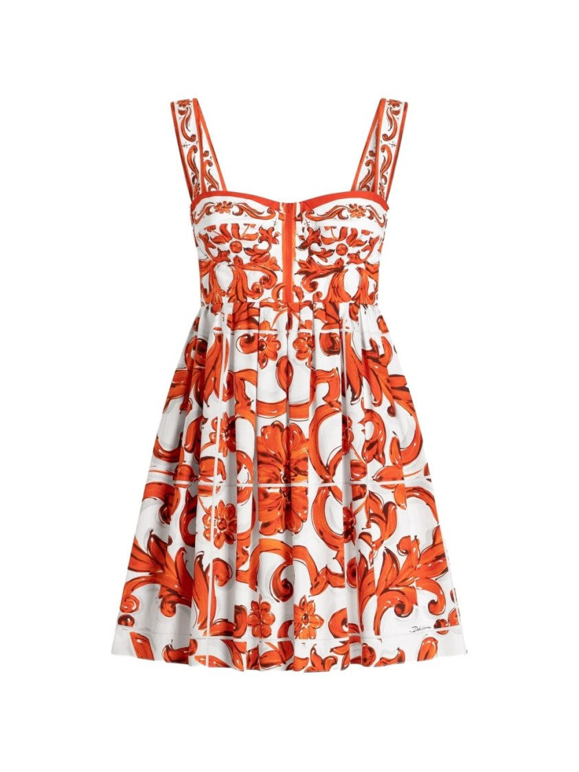 Dolce & Gabbana Majolica-Print Poplin Mini Dress With Fitted Bustier Bodice
