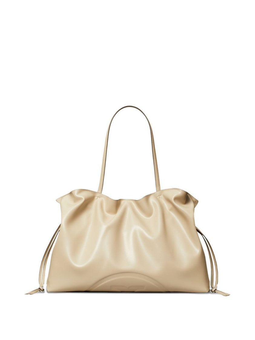 Tory Burch Gathered Beige Shoulder Bag With Drawstring Accents And Dual Straps