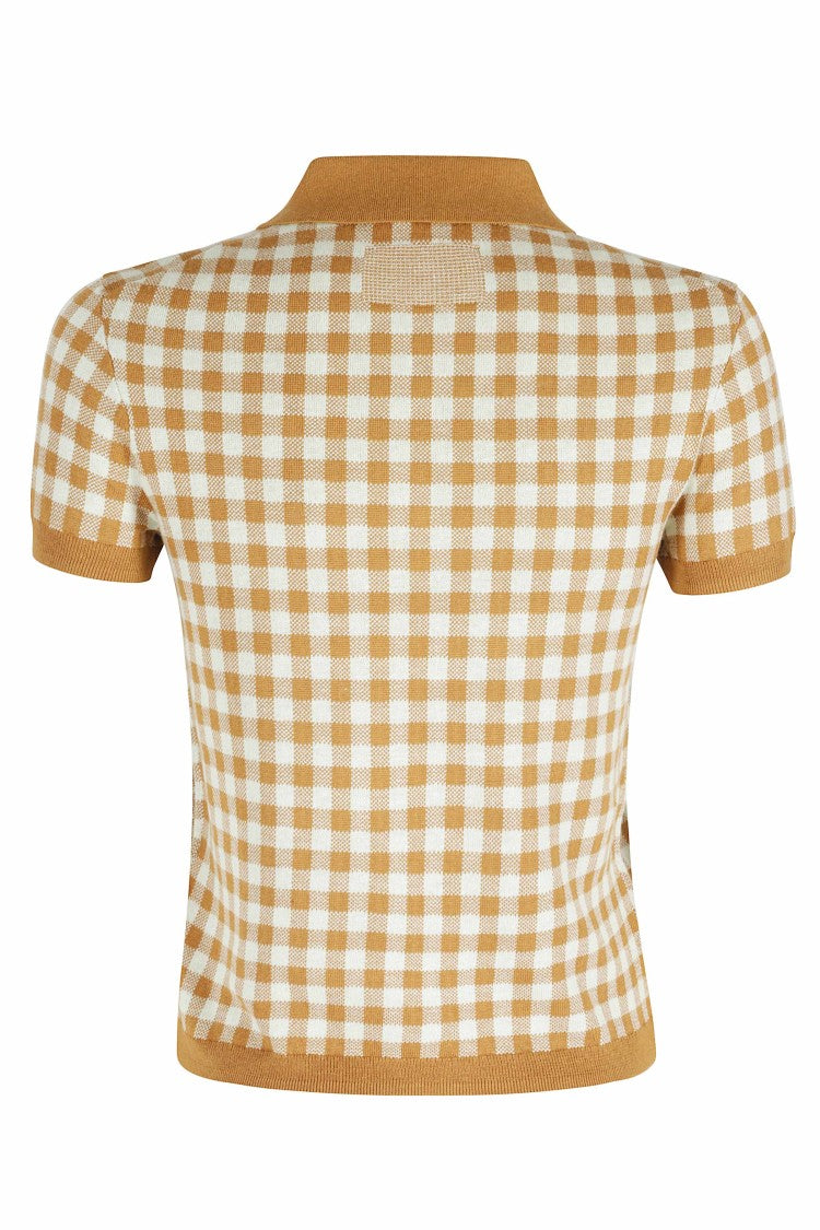 Guest In Residence Orange Gingham Shrunken Checkered Ribbed-Trim Silk-Blend Polo Shirt