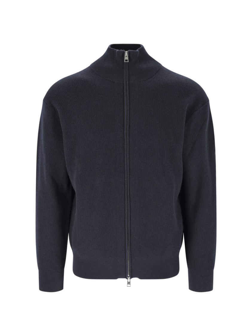 Closed High Collar Dark Blue Zip-Up Sweater