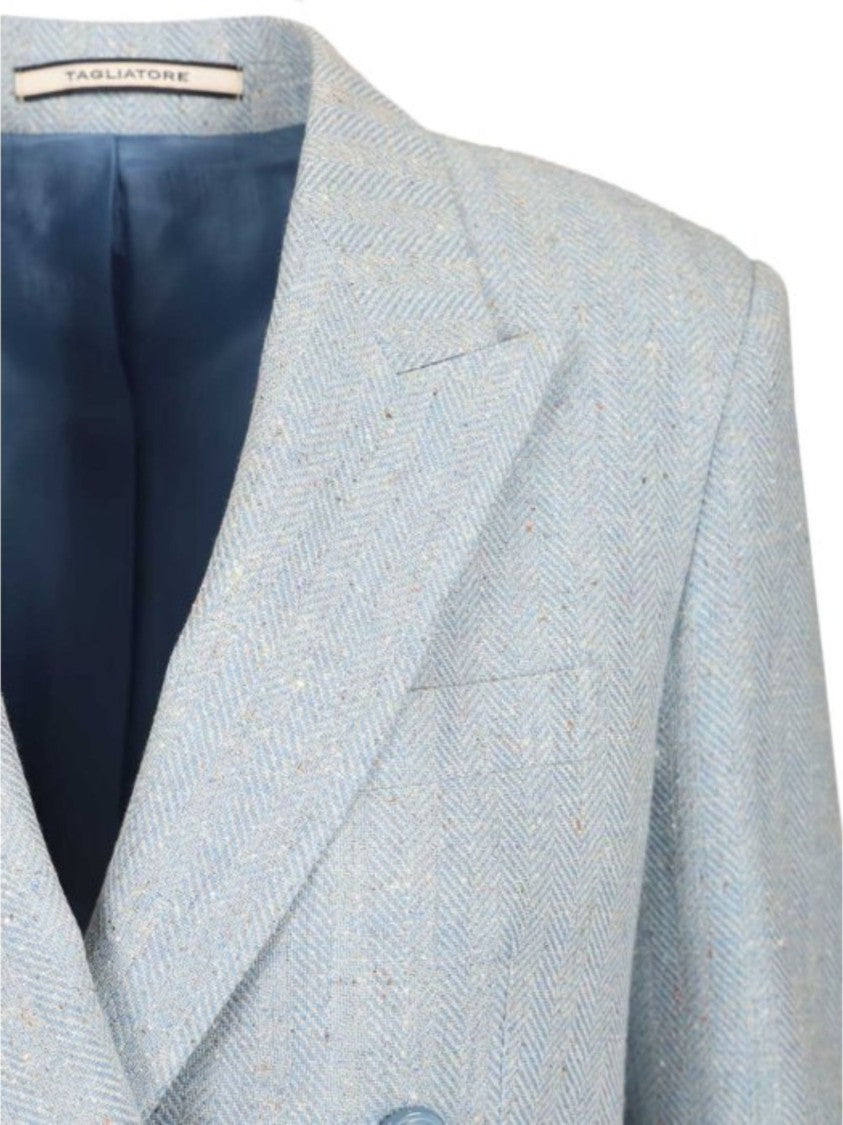 Tagliatore Light Blue Double Breasted Peak Lapels Blazer
