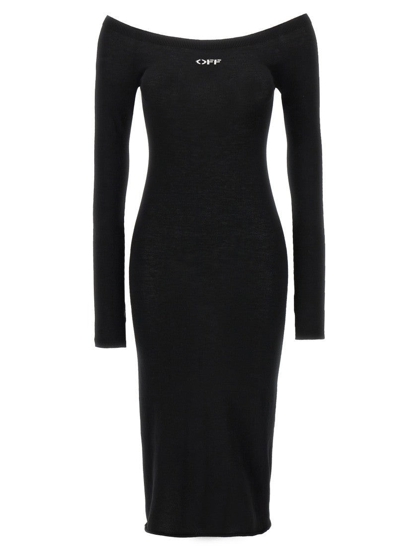 Off-White Viscose Knit Midi Dress With Logo Intarsia