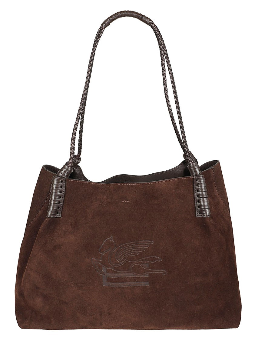 Etro Spacious Brown Suede Leather Shopping Bag With Braided Handles