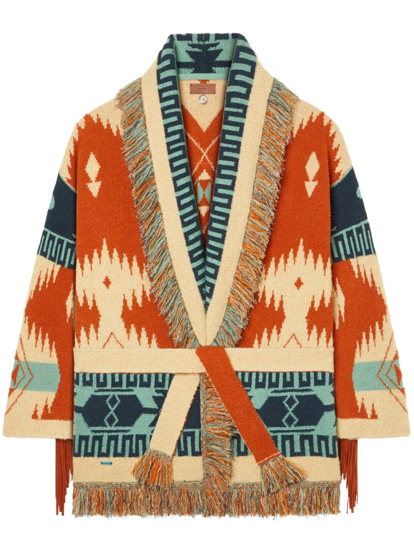 Alanui Fringed Geometric Pattern Cardigan With Matching Belt