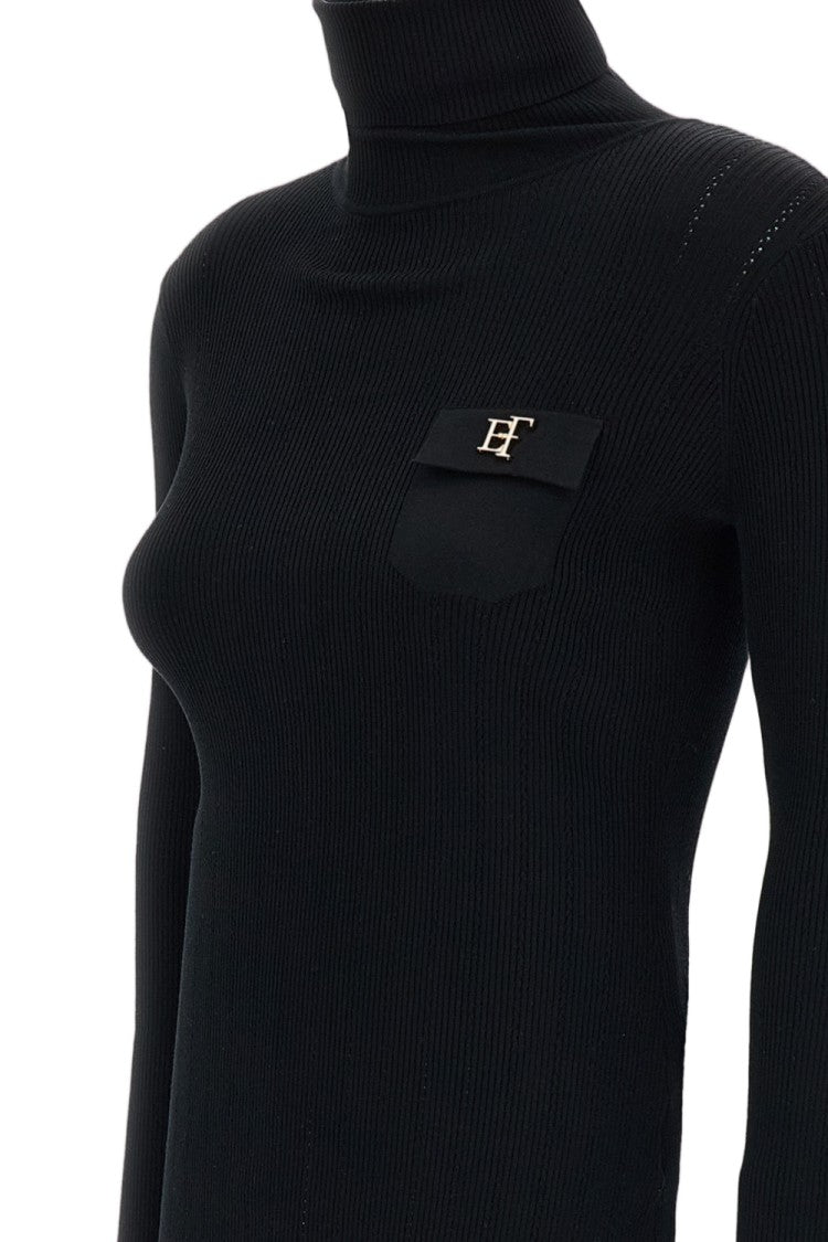 Elisabetta Franchi Black Stretch Ribbed Turtleneck Top