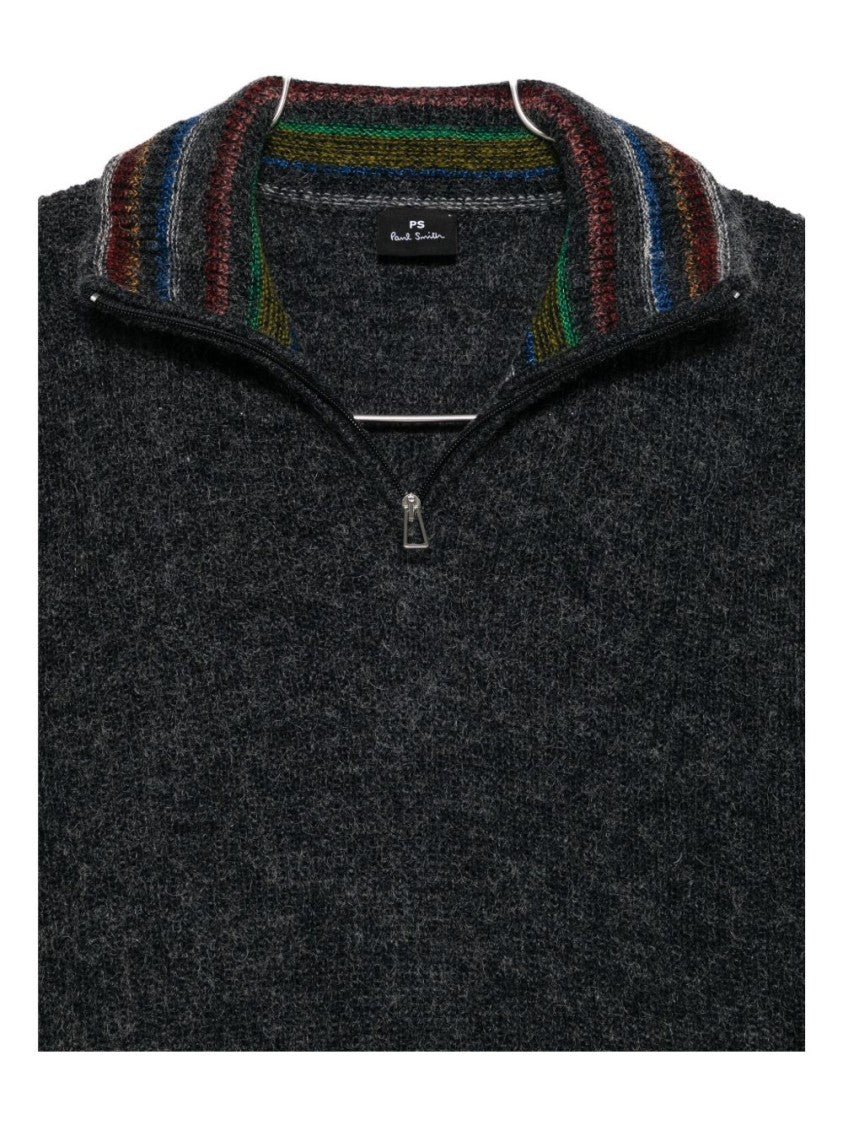 Paul Smith Half-Zip Charcoal Knit Sweatshirt With Striped Collar