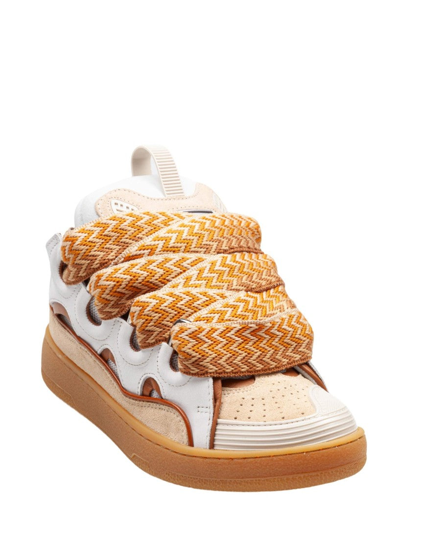 Lanvin White/Honey Curb Leather And Fabric Sneakers