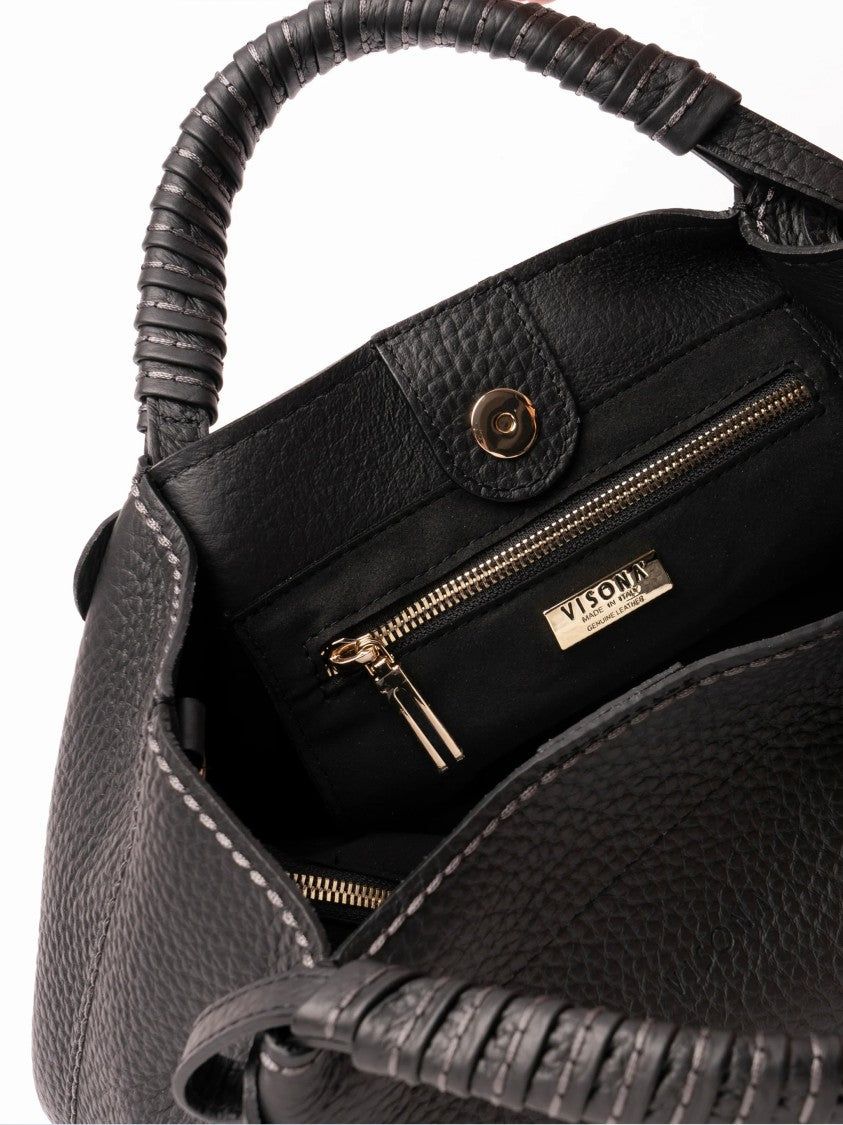 Visona` Pebbled Black Handbag With Versatile Carrying Options