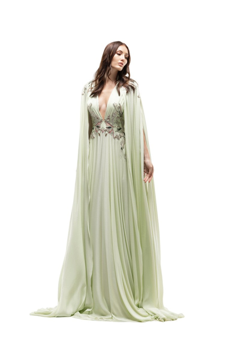 Saiid Kobeisy Reed-Colored Crepe Maxi Dress With Elegant Cape And Embroidery