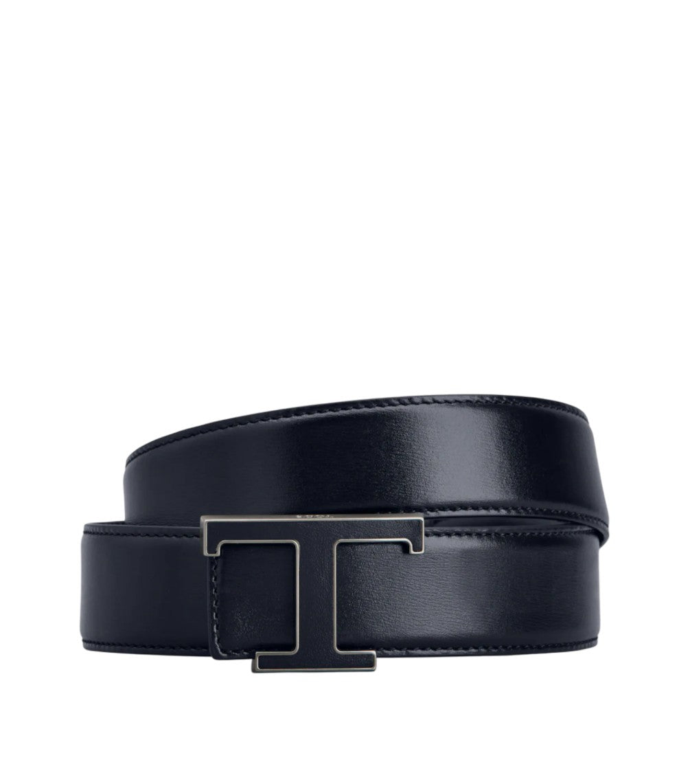 Tod's Polished Black Leather Belt With Signature T Buckle