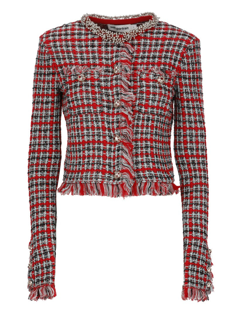 Self-Portrait Vibrant Checkered Jacket With Fringed Edges And Jeweled Accents