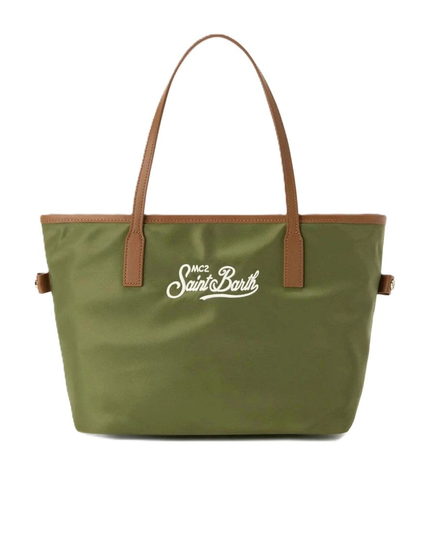 Mc2 Saint Barth Olive Green Nylon Tote Bag With Contrasting Leather Handles