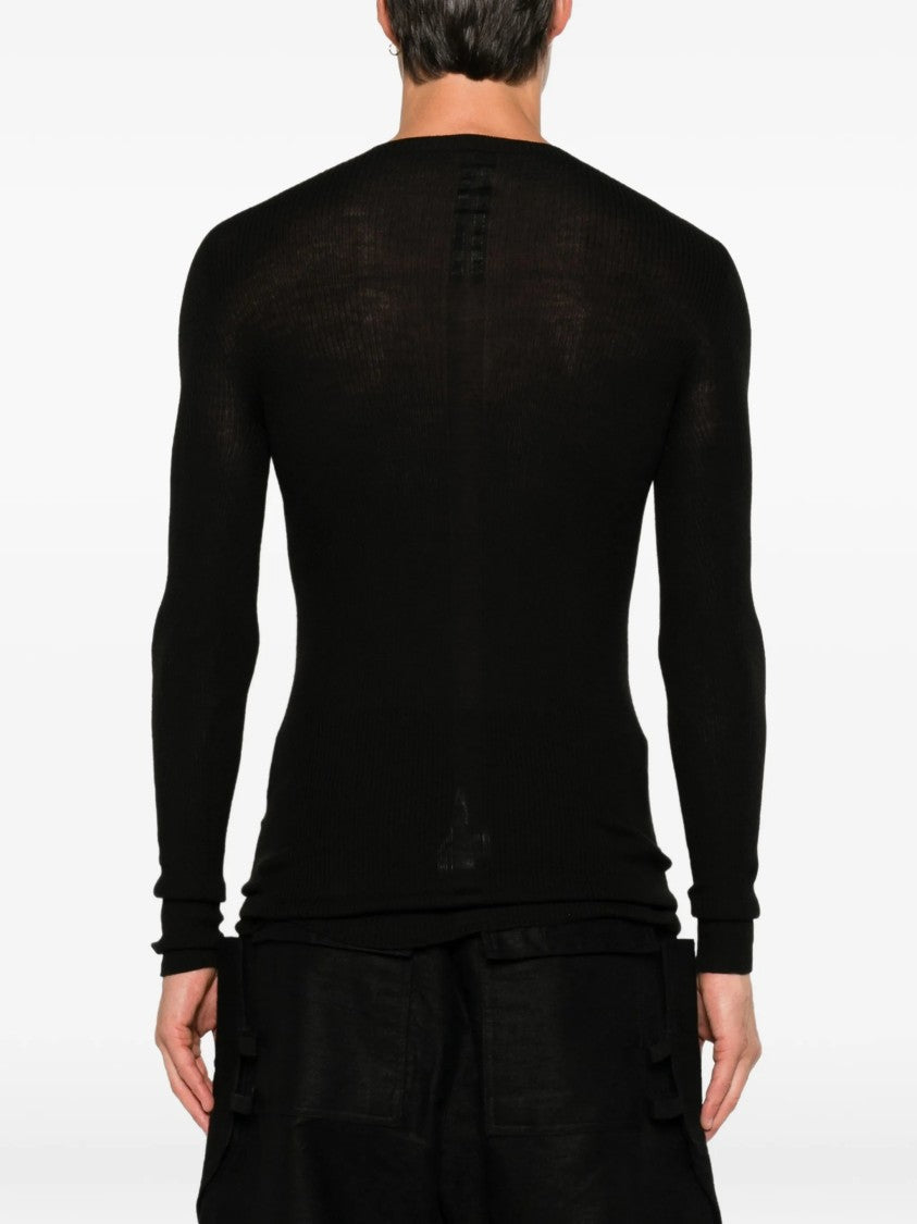 Rick Owens Fitted Black Ribbed Knit Sweater With Round Neckline