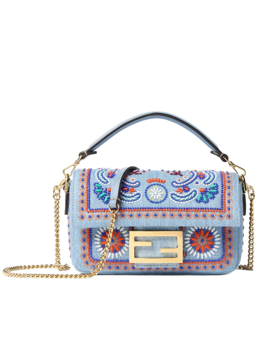 Fendi Rectangular Denim Mini Baguette With Floral Embroidery And Gold-Tone Clasp