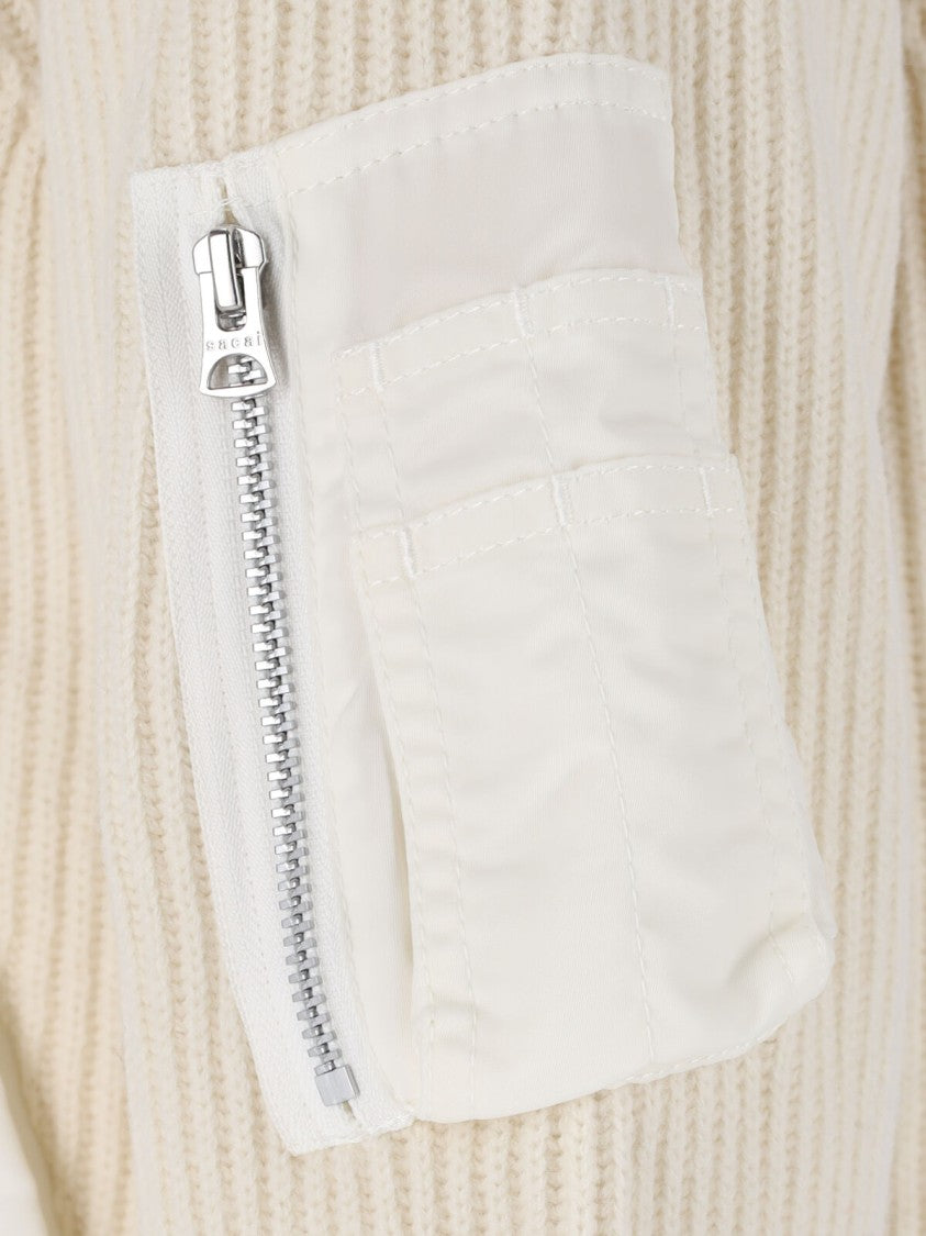 Sacai White Wool Zip-Through Knit