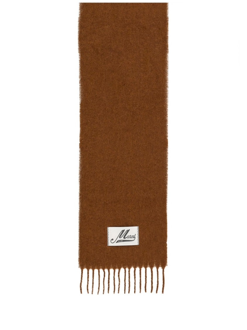 Marni Brown Woven Alpaca Blend Scarf With Delicate Fringes