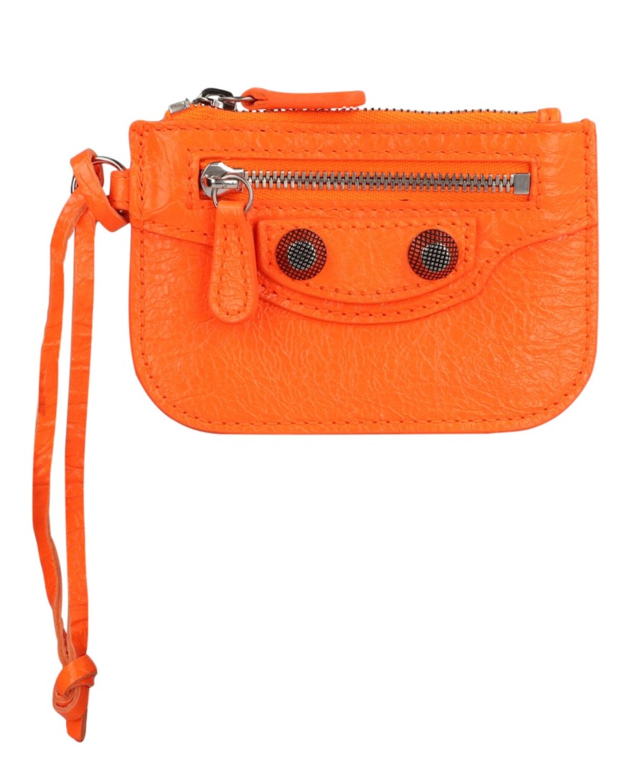 Balenciaga Orange Pebbled Leather Coin Purse With Stud Accents