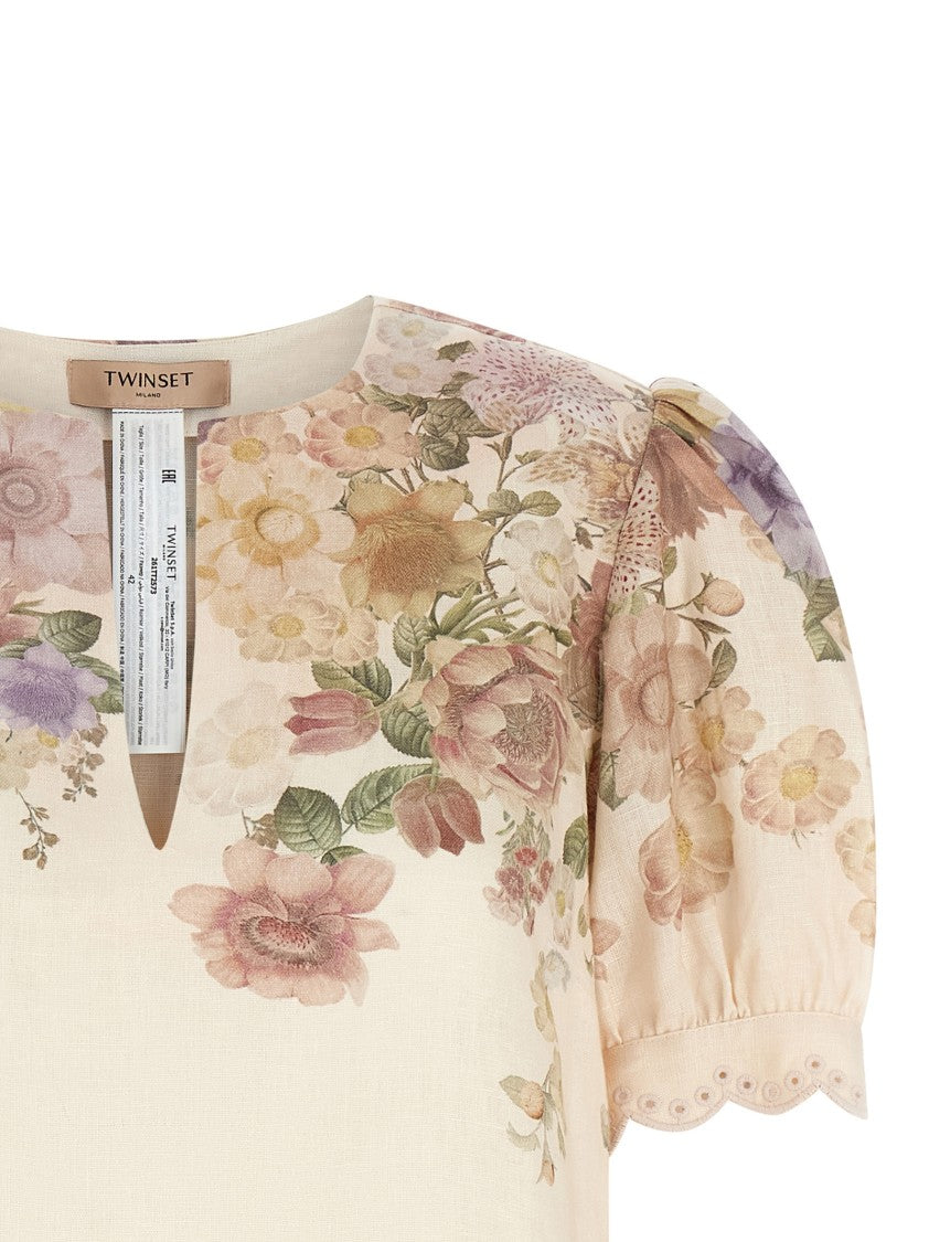 Twin-Set All-Over Floral Print Linen Blouse