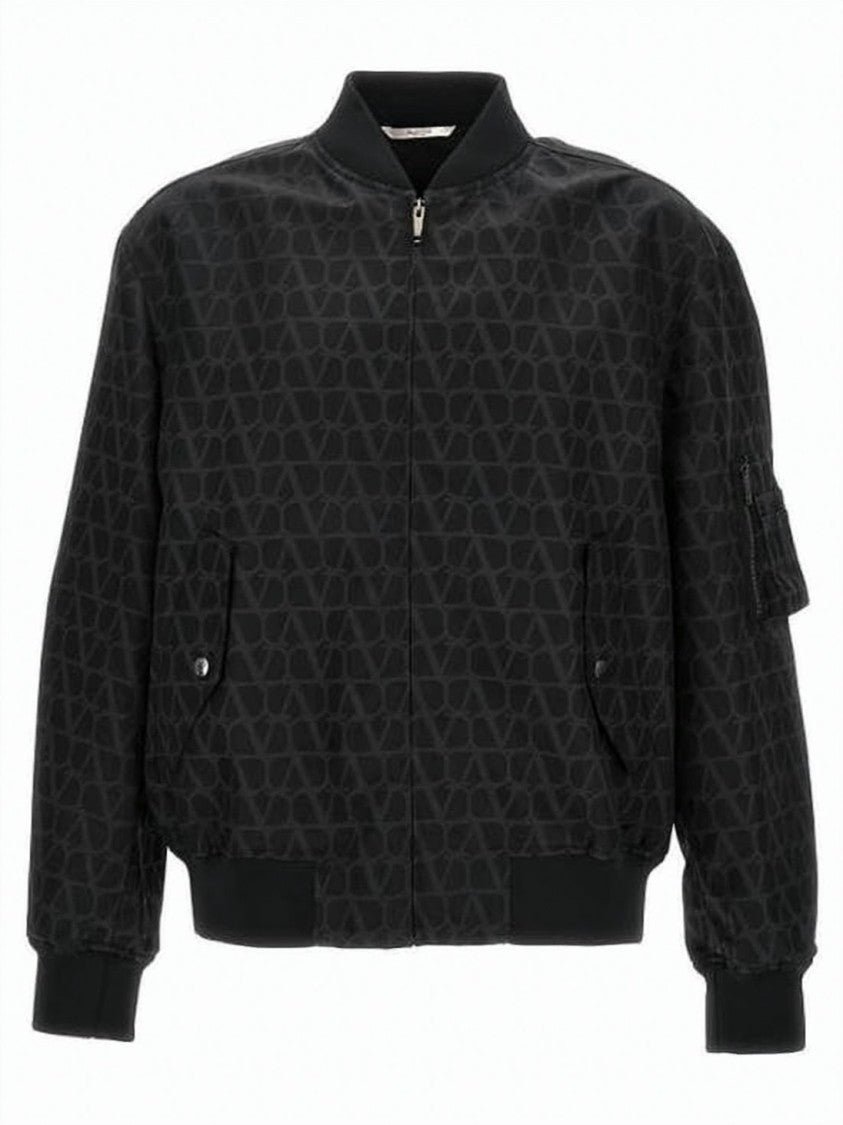 Valentino Garavani Structured Black Bomber Jacket With Geometric Pattern