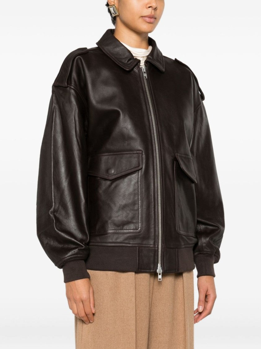 The Frankie Shop Black Smooth Leather Epaulets Oversized Jacket