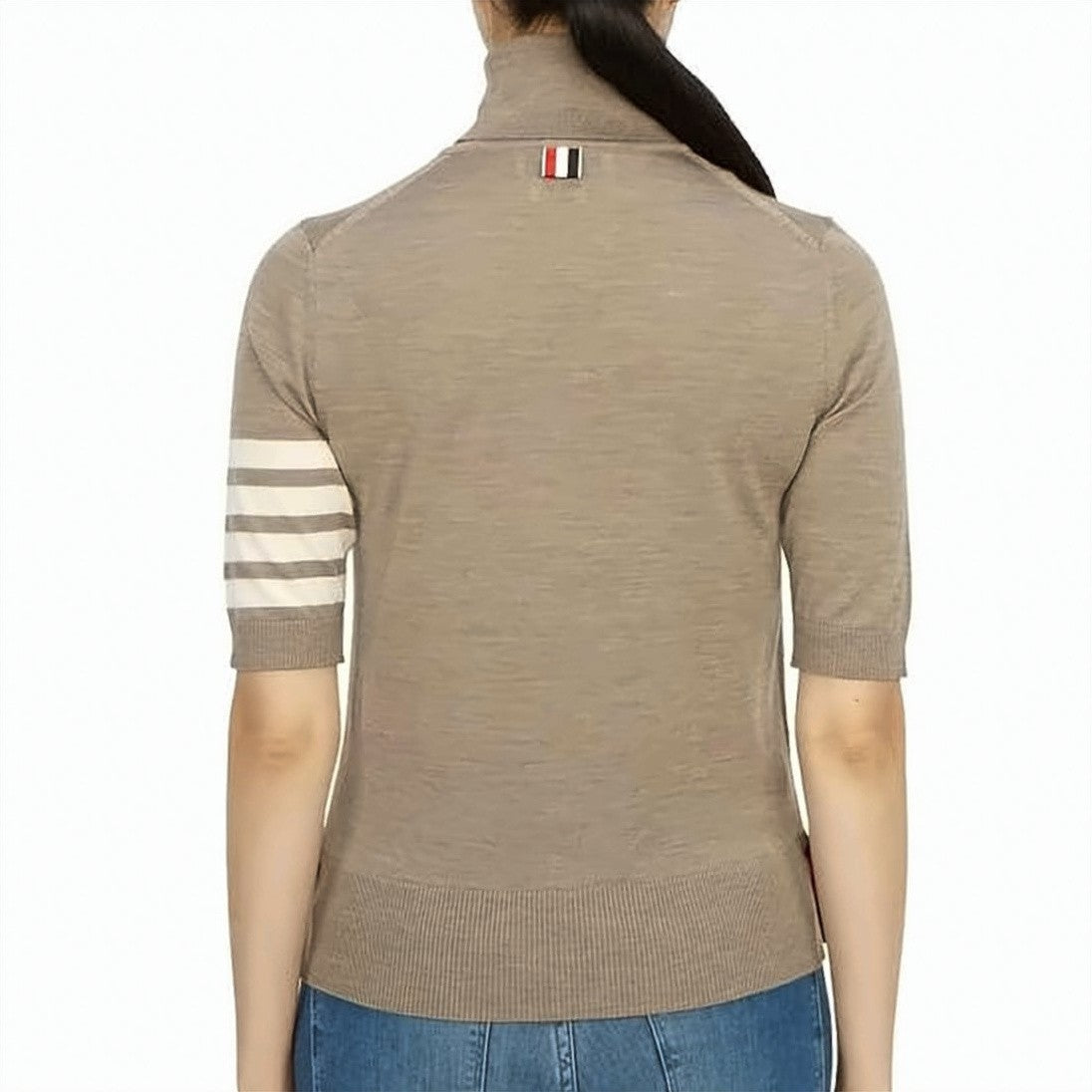 Thom Browne Relaxed-Fit Short-Sleeve Turtleneck Knit With Distinctive Stripe