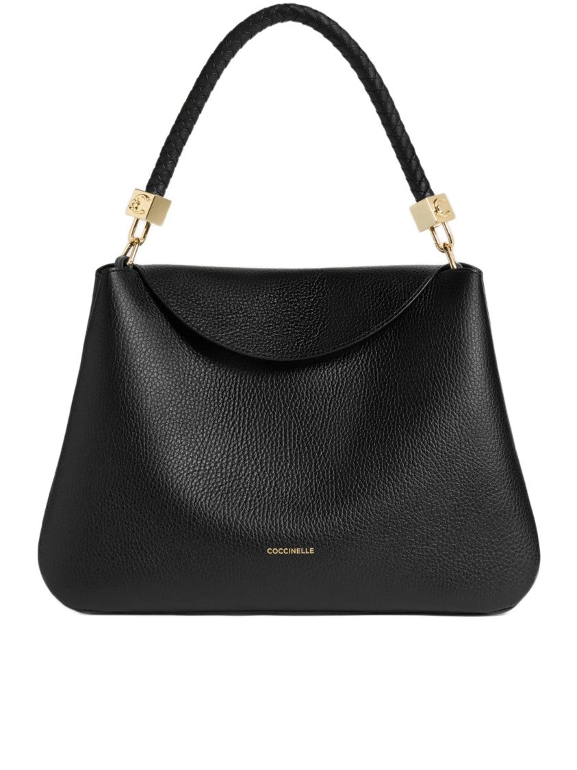 Coccinelle Structured Black Leather Handbag With Braided Top Handle