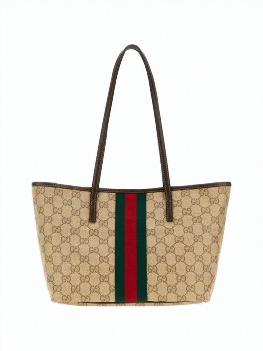 Gucci Canvas Tote Bag With Monogram Pattern And Distinctive Stripe