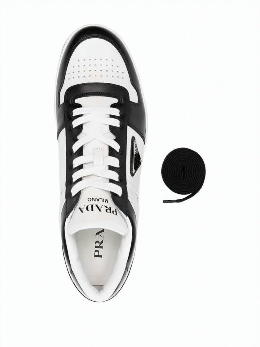 Prada Low-Top Leather Sneakers With Perforated Detailing And Triangular Logo