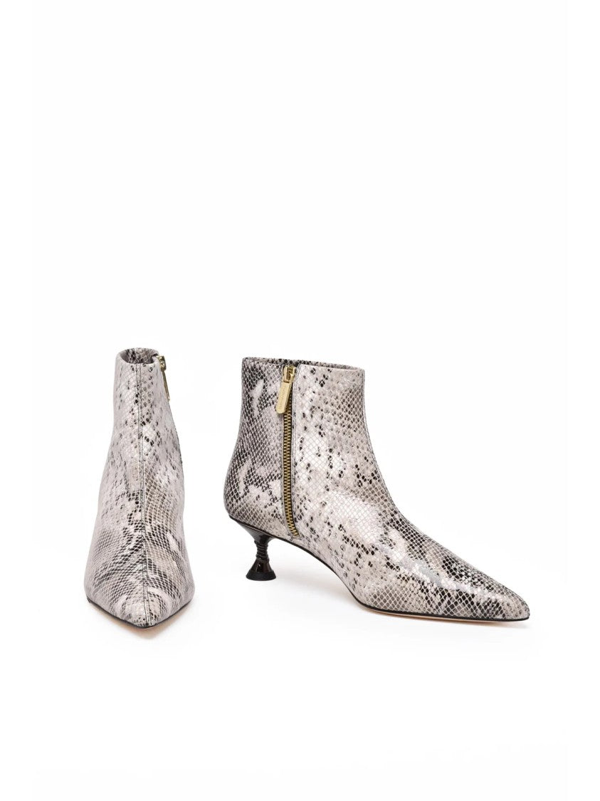 Studio Amelia White/Black Glossy Snakeskin Pattern Leather Ankle Boots