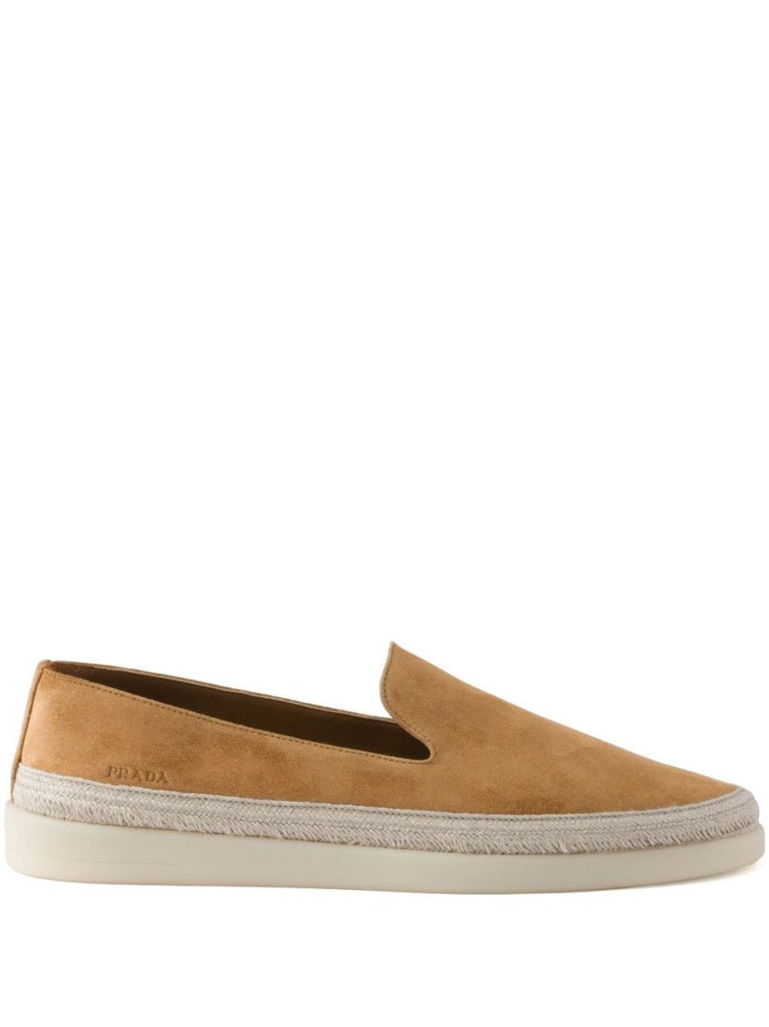 Prada Brown Suede Slip-On Flat Shoes With Textured Sole