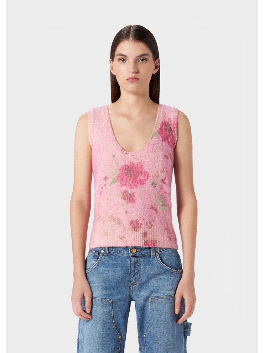 Blumarine Sleeveless Alpaca Blend Floral Knit Top