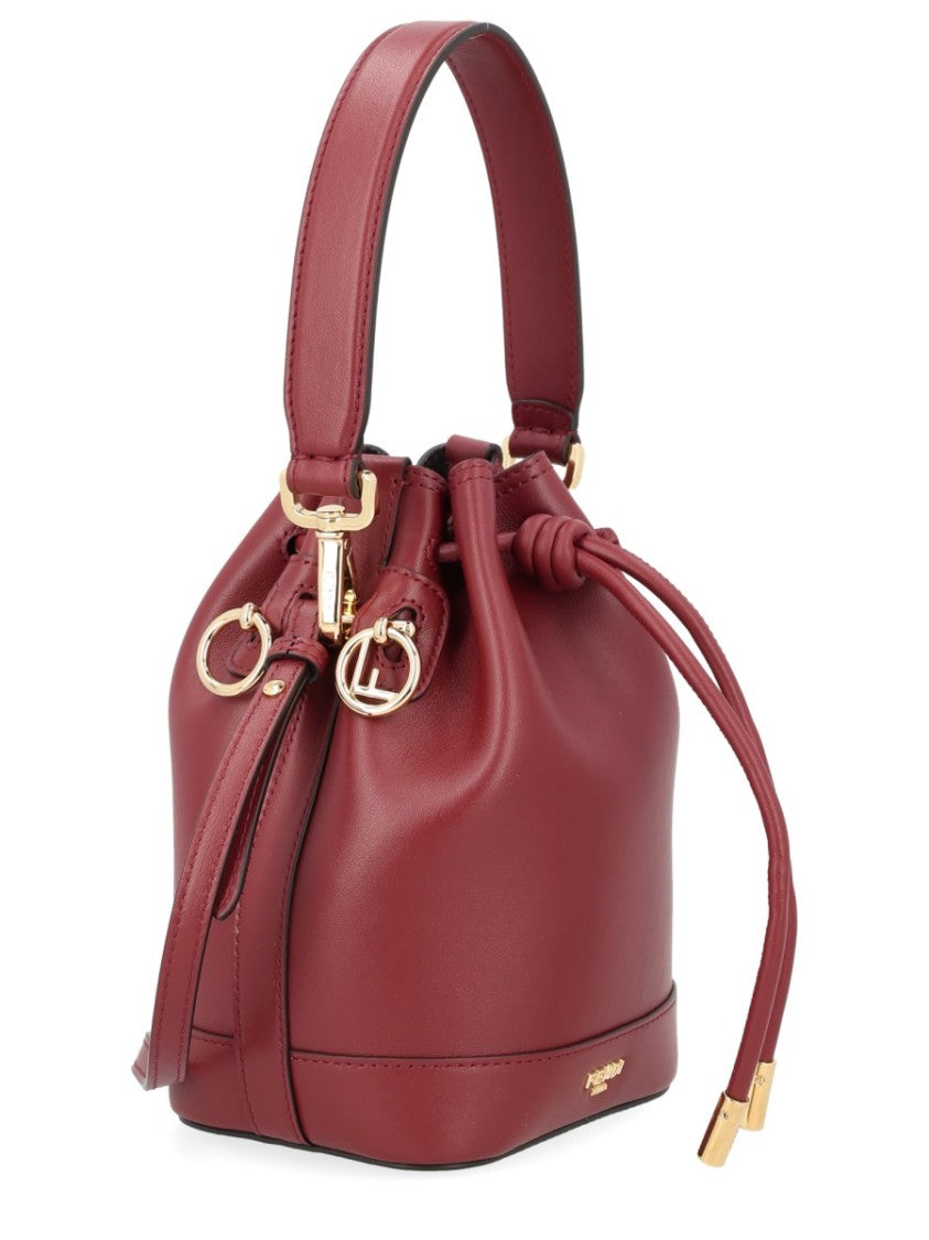 Fendi Compact Burgundy Leather Bucket Bag With Gold Hardware Accents
