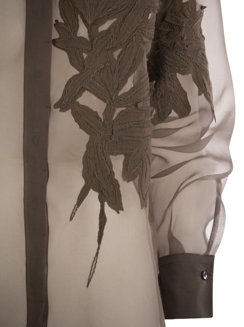 Brunello Cucinelli Crispy Silk Shirt With Flora Appliqué