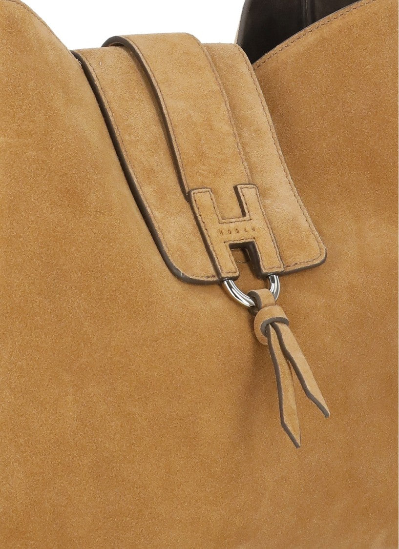 Hogan Light Brown Suede Shoulder Bag With H Detail